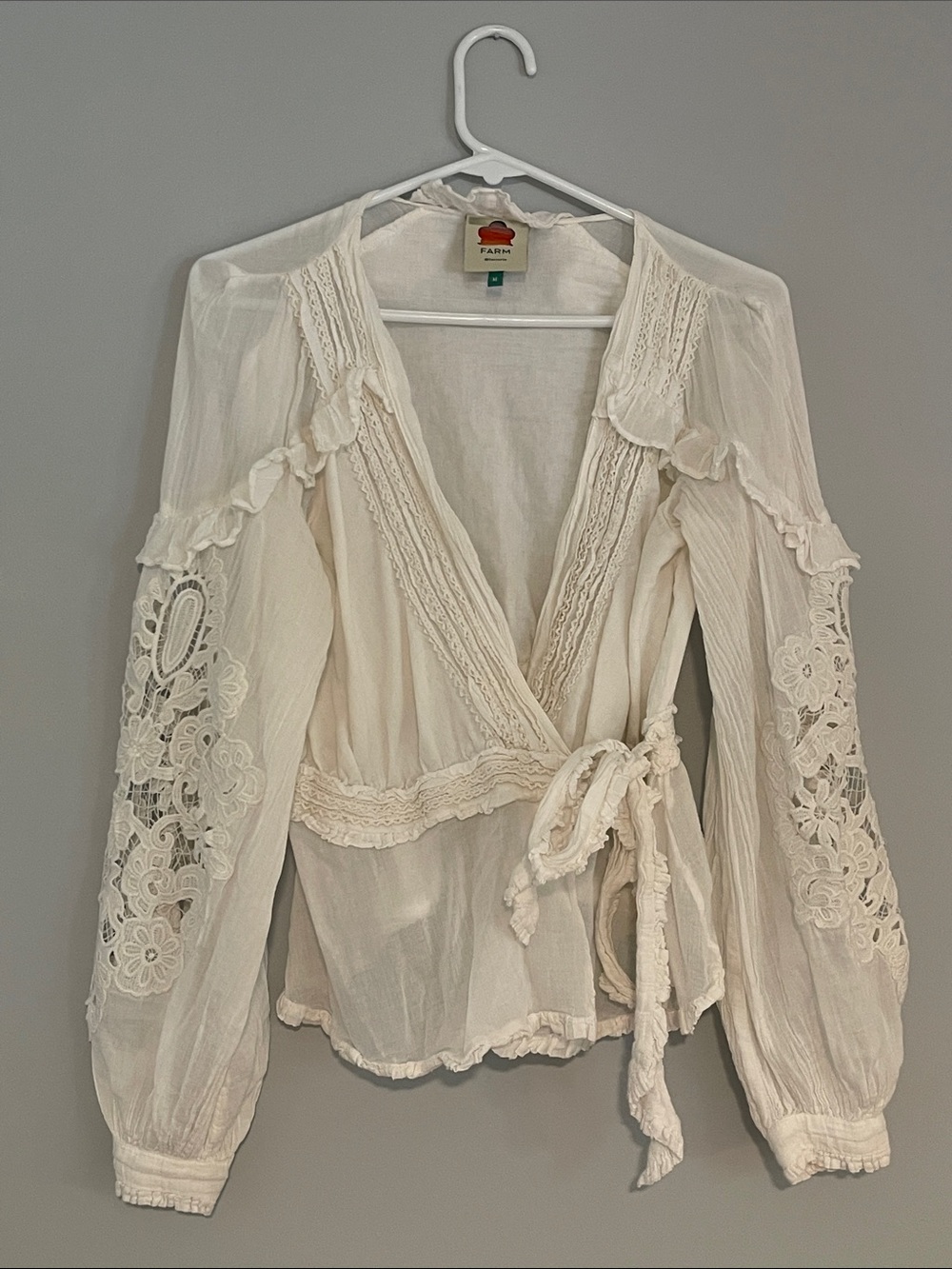 FARM Rio Cream Lace-Trim Wrap Blouse with Embroidered Sleeves